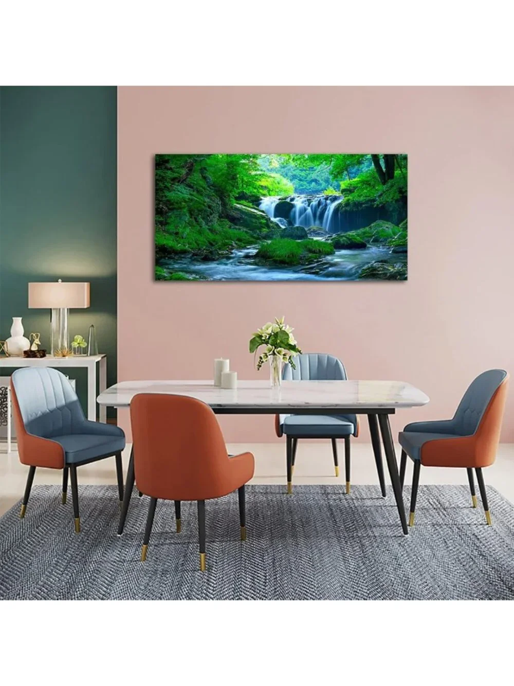 Calming Green Nature Landscape Canvas Art - Waterfall Wall Decor for Home